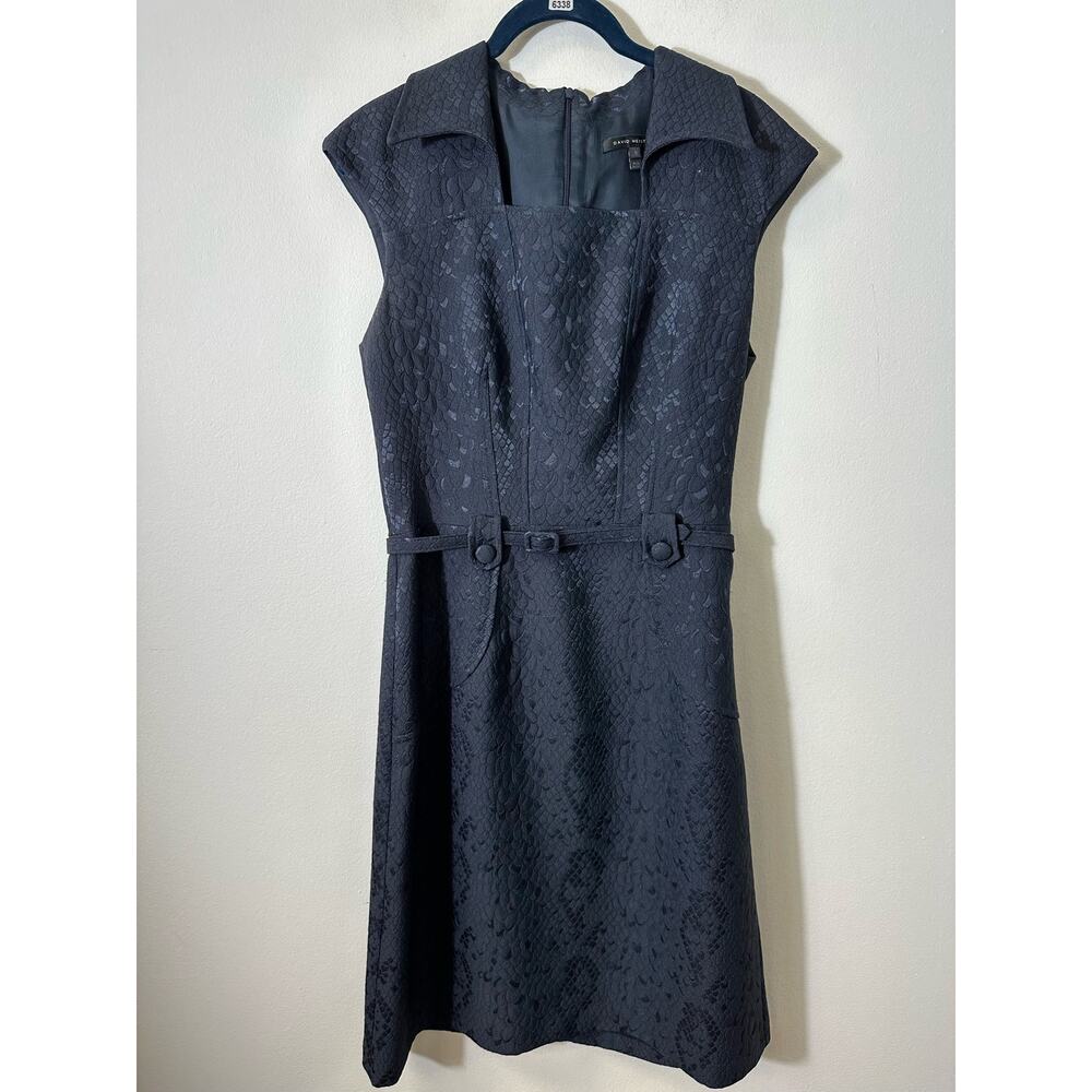 David Meister Navy Blue Sleeveless Collared Belted Dress Sz 8